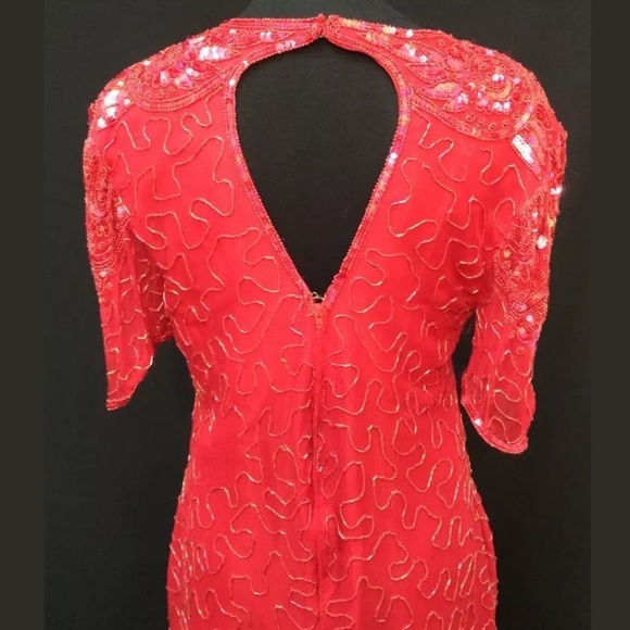 Beaded Sequined Vtg Red Silk Cocktail Dress Sz Sm - Picture 7 of 11
